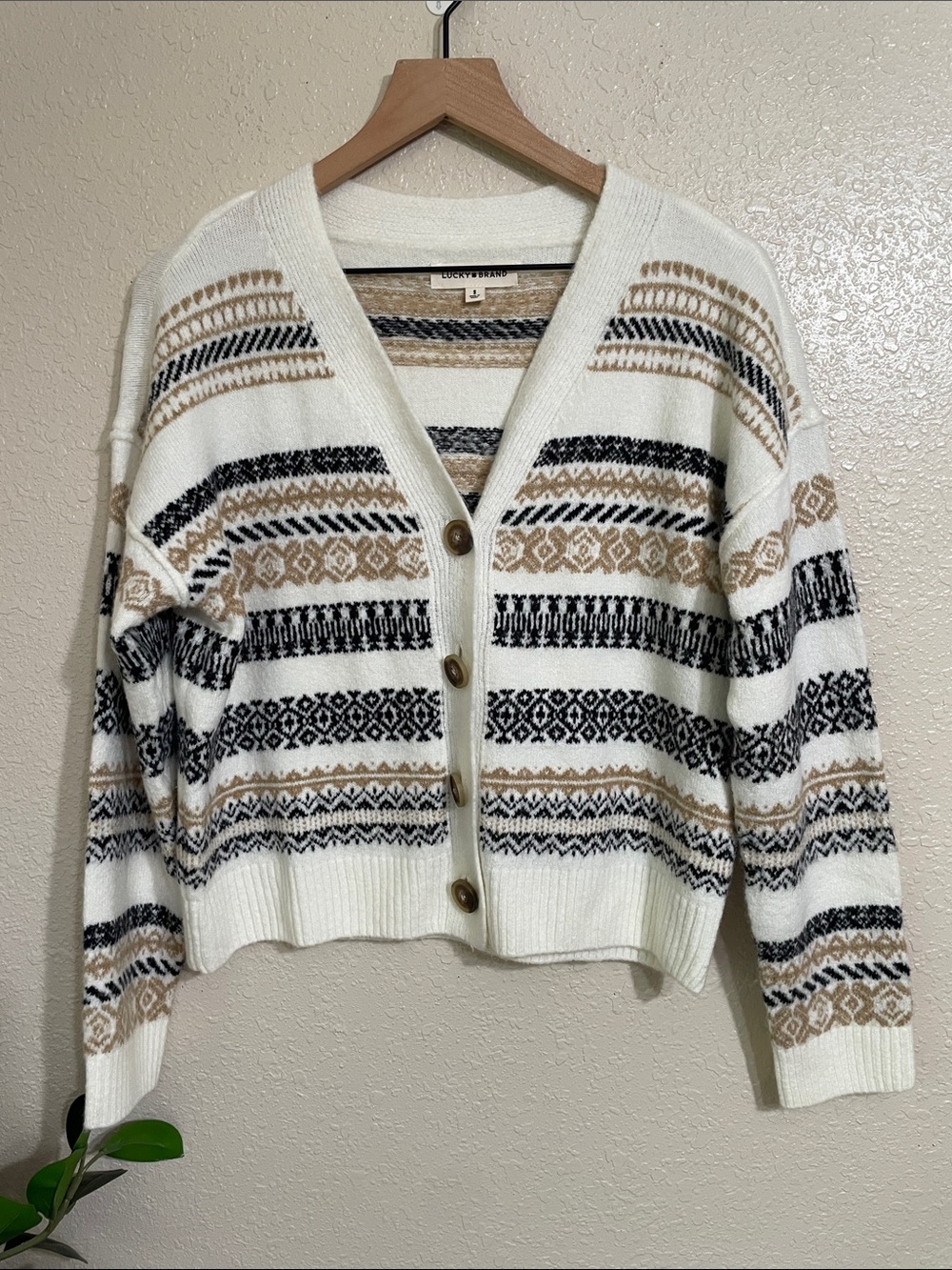 Lucky Brand Cream Patterned V-Neck Button Cardigan Sweater